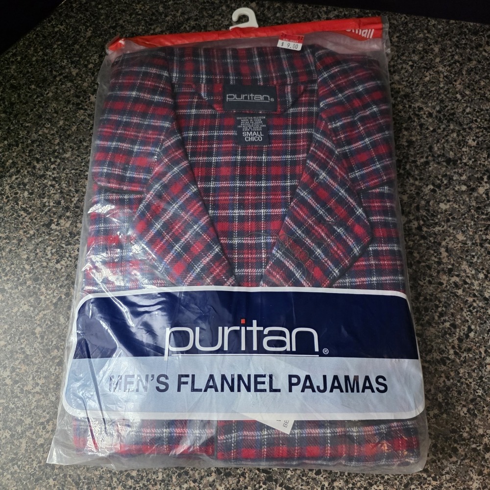 Vintage Puritan Flannel Pajama Set Men's Plaid Small Red Blue Cotton NOS